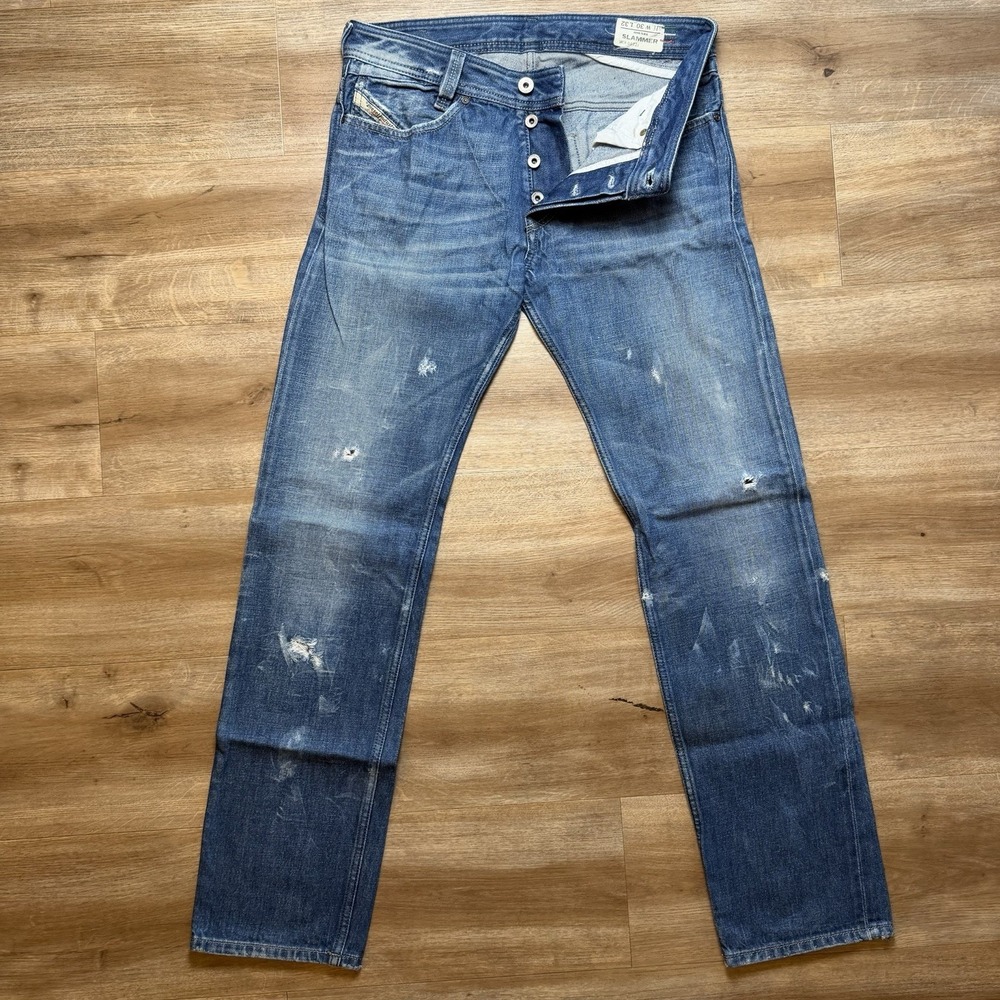Diesel Slammer Jeans Men 30x32 Blue Slim Tapered Fit Italy Dark Thrashed 0073J